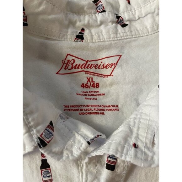 Budweiser Mens XL Button-Up Shirt Beer Bottle Print Short Sleeve Cotton - Picture 2 of 6